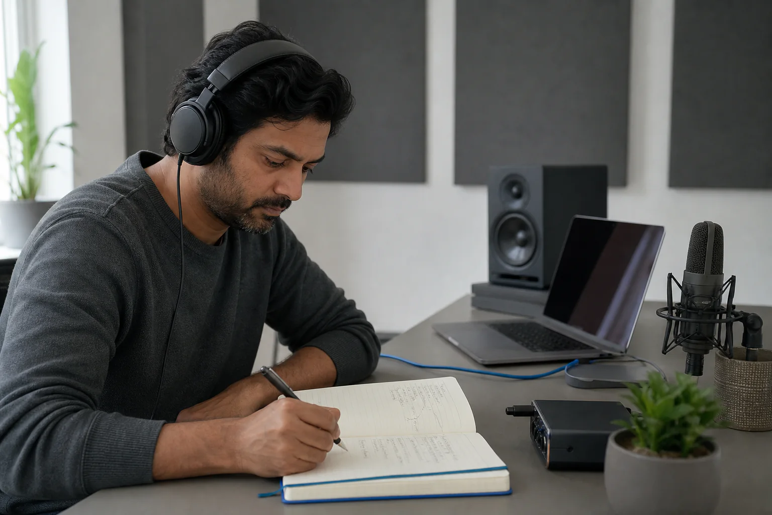 A music teacher reviews lesson material in a home studio