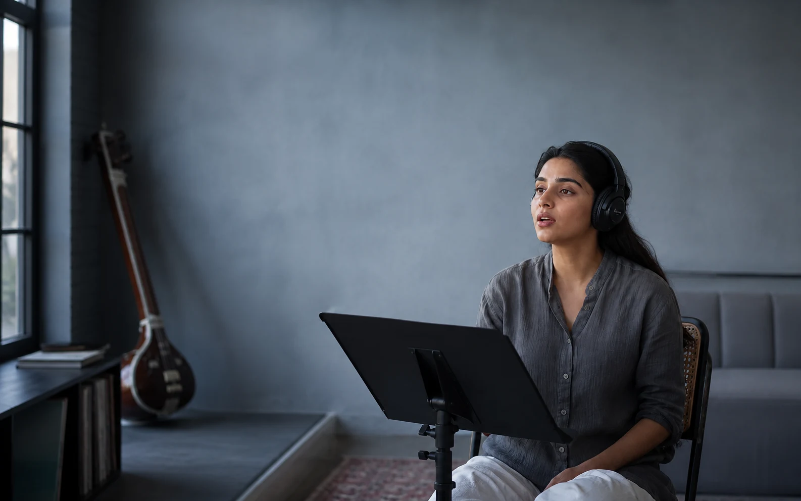 A singer practicing with headphones