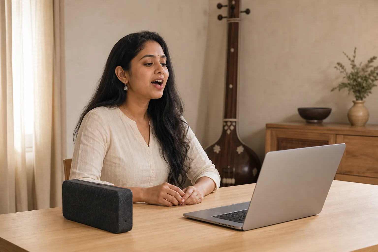 A learner sings at a laptop with a speaker playing accompaniment in her music room